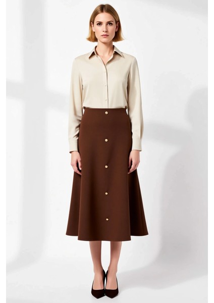 Kadın Yüksek Bel Düğmeli Midi Etek A Kesim %100 Polyester Fonksiyonel Dayanıklı Kaliteli Şık fırsatları