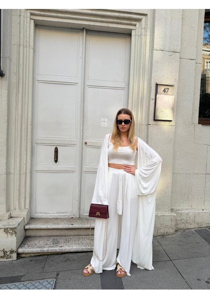 Kadın Viskon 3’lü Takım – Kimono + Beli Lastikli Salaş Pantolon + Crop – 8 Renk