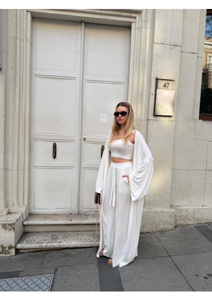 Kadın Viskon 3’lü Takım – Kimono + Beli Lastikli Salaş Pantolon + Crop – 8 Renk modelleri