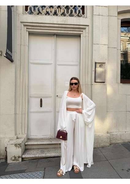 Kadın Viskon 3’lü Takım – Kimono + Beli Lastikli Salaş Pantolon + Crop – 8 Renk fırsatları