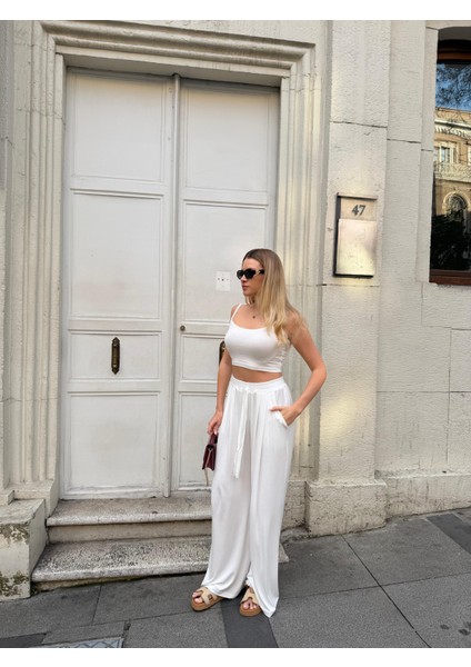 Kadın Viskon 3’lü Takım – Kimono + Beli Lastikli Salaş Pantolon + Crop – 8 Renk