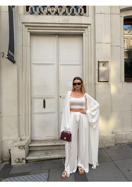 Kadın Viskon 3’lü Takım – Kimono + Beli Lastikli Salaş Pantolon + Crop – 8 Renk