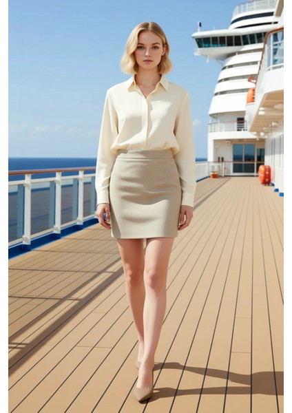 Kadın Yüksek Bel Mini Kaşe Etek Balık Sırtı Desenli %70 Pamuk %30 Polyester Fonksiyonel Şık