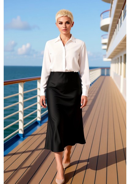 Kadın Midi Boy Saten Dokuma Etek Düz Desen Geniş Kalıp Fonksiyonel Dayanıklı Kaliteli Spor