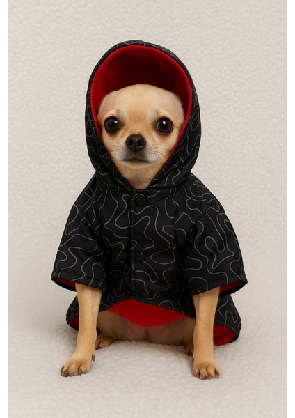 Siyah Desenli Kırmızı Reflektörlü Su Geçirmez Mont/yağmurluk Kedi Köpek Kıyafeti