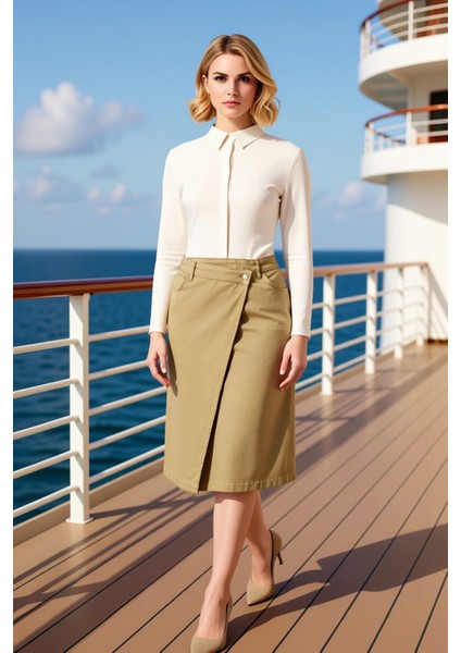 Kadın Yüksek Bel A Kesim Midi Etek Düz Desen Denim Kumaş Fonksiyonel Dayanıklı Kaliteli Şık