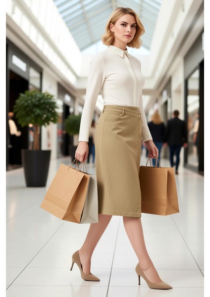 Kadın Yüksek Bel A Kesim Midi Etek Düz Desen Denim Kumaş Fonksiyonel Dayanıklı Kaliteli Şık modelleri