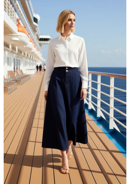 Kadın Yüksek Bel Maxi Denim Etek %100 Pamuk Fonksiyonel Dayanıklı Kaliteli Konforlu Modern