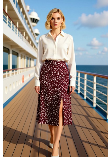 Kadın Çiçek Desenli Yırtmaçlı Midi Dokuma Etek Yüksek Bel A Kesim %100 Viskoz Fonksiyonel Şık