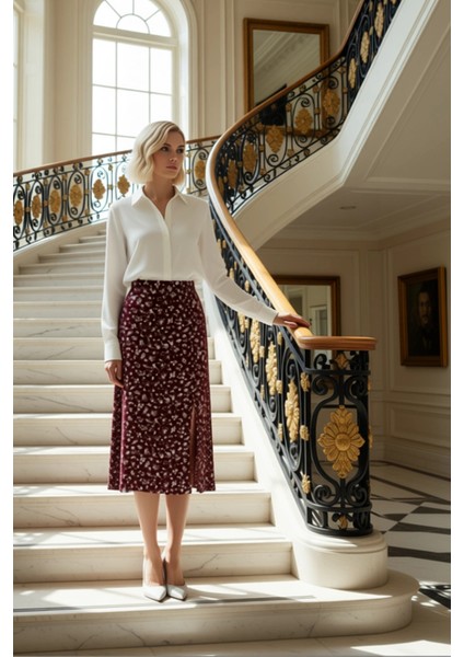 Kadın Çiçek Desenli Yırtmaçlı Midi Dokuma Etek Yüksek Bel A Kesim %100 Viskoz Fonksiyonel Şık fiyatları