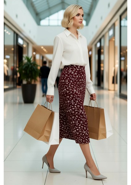 Kadın Çiçek Desenli Yırtmaçlı Midi Dokuma Etek Yüksek Bel A Kesim %100 Viskoz Fonksiyonel Şık modelleri