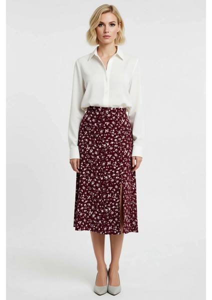 Kadın Çiçek Desenli Yırtmaçlı Midi Dokuma Etek Yüksek Bel A Kesim %100 Viskoz Fonksiyonel Şık fırsatları