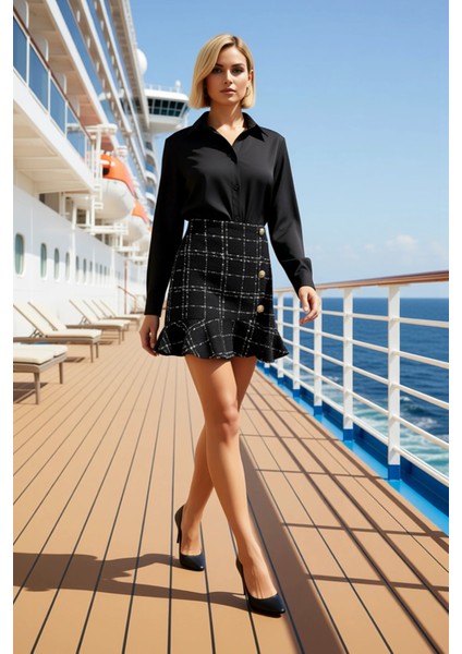 Kadın Yüksek Bel A Line Tüvit Mini Etek Düğmeli Volanlı Fonksiyonel Dayanıklı Kaliteli Şık