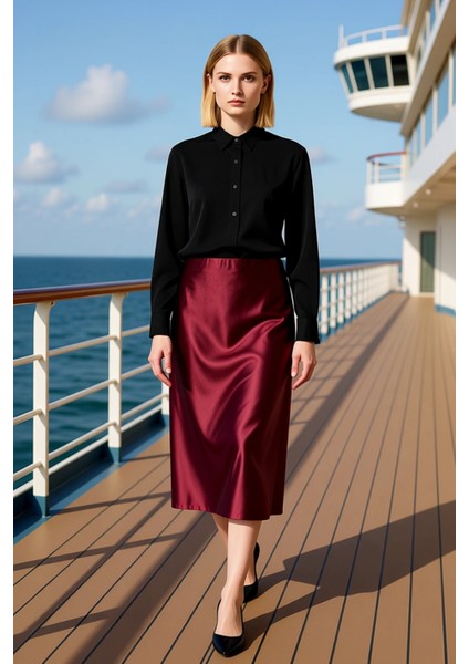 Kadın Midi A Kesim Etek Düz Desen %95 Polyester %5 Elastan Fonksiyonel Dayanıklı Kaliteli Şık