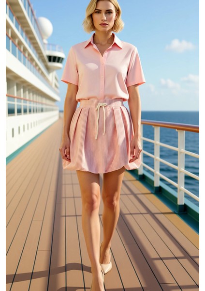 Kadın Balon Kalıp Mini Boy Çizgili Desen Gofre Dokuma Etek Belden Bağlama Ipli Cepli Tasarım