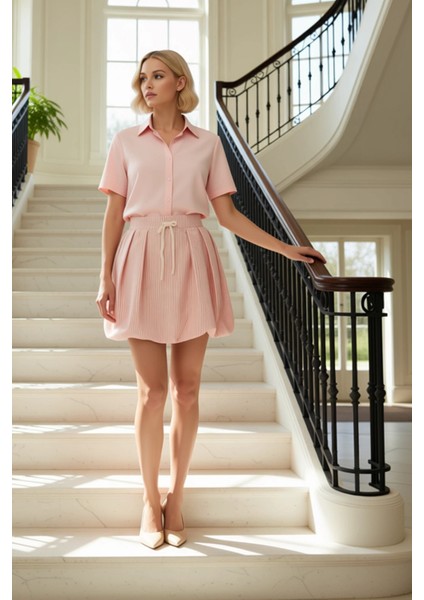 Kadın Balon Kalıp Mini Boy Çizgili Desen Gofre Dokuma Etek Belden Bağlama Ipli Cepli Tasarım fiyatları