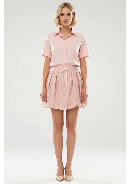 Kadın Balon Kalıp Mini Boy Çizgili Desen Gofre Dokuma Etek Belden Bağlama Ipli Cepli Tasarım modelleri