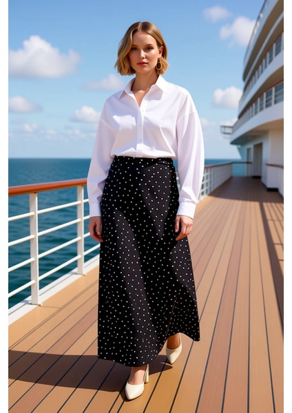 Kadın Puantiye Desenli Maxi Boy Dokuma Etek Yüksek Bel A Kesim Fonksiyonel Dayanıklı Rahat