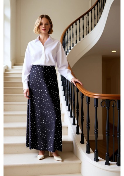 Kadın Puantiye Desenli Maxi Boy Dokuma Etek Yüksek Bel A Kesim Fonksiyonel Dayanıklı Rahat fiyatları