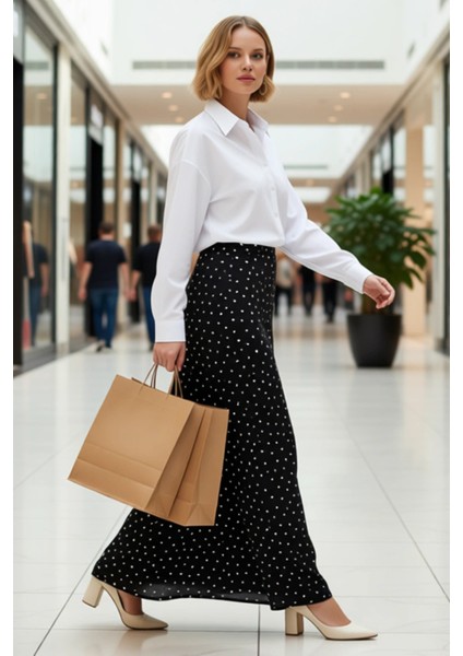 Kadın Puantiye Desenli Maxi Boy Dokuma Etek Yüksek Bel A Kesim Fonksiyonel Dayanıklı Rahat modelleri