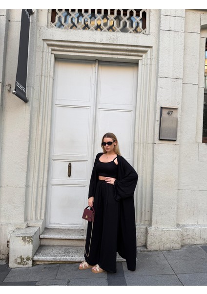 Kadın Viskon 3’lü Takım – Kimono + Beli Lastikli Salaş Pantolon + Crop – 8 Renk