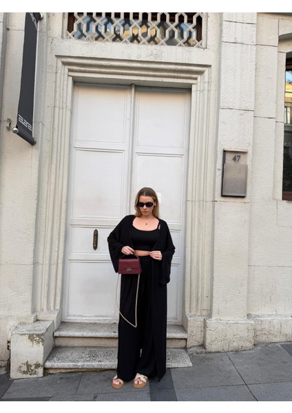 Kadın Viskon 3’lü Takım – Kimono + Beli Lastikli Salaş Pantolon + Crop – 8 Renk fiyatları