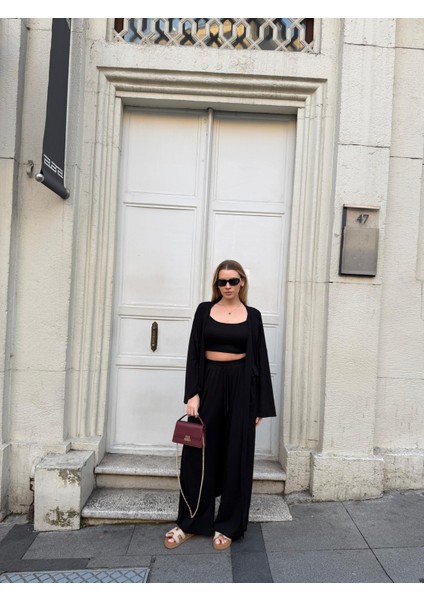 Kadın Viskon 3’lü Takım – Kimono + Beli Lastikli Salaş Pantolon + Crop – 8 Renk indirimleri