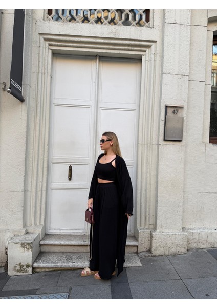 Kadın Viskon 3’lü Takım – Kimono + Beli Lastikli Salaş Pantolon + Crop – 8 Renk