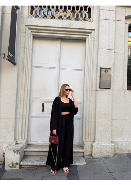 Kadın Viskon 3’lü Takım – Kimono + Beli Lastikli Salaş Pantolon + Crop – 8 Renk