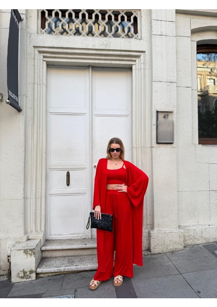 Kadın Viskon 3’lü Takım – Kimono + Beli Lastikli Salaş Pantolon + Crop – 8 Renk
