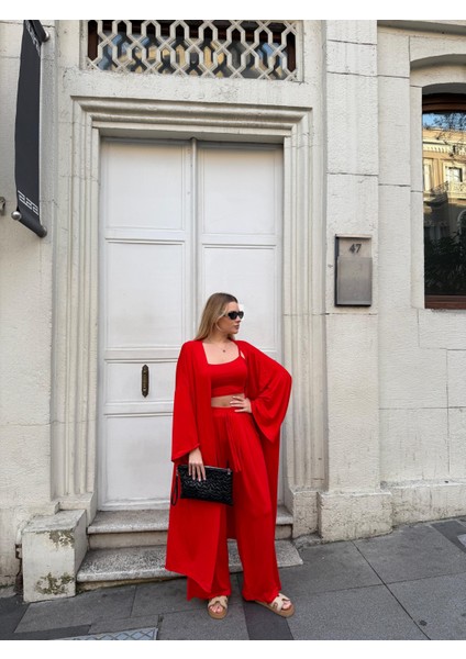Kadın Viskon 3’lü Takım – Kimono + Beli Lastikli Salaş Pantolon + Crop – 8 Renk modelleri