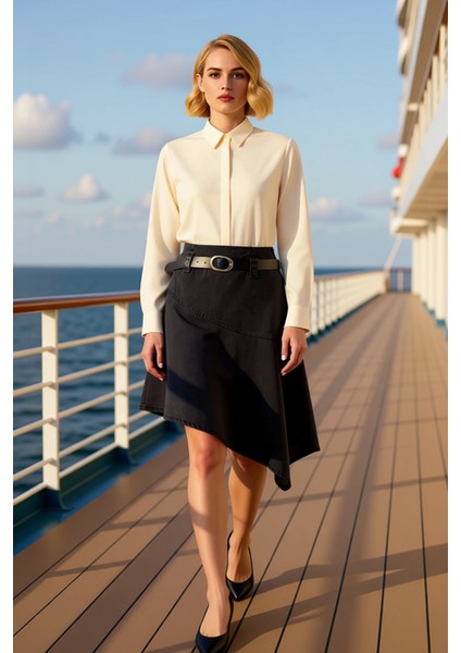 Kadın Asimetrik Midi Denim Etek %100 Pamuk Fonksiyonel Dayanıklı Kaliteli Konforlu Estetik