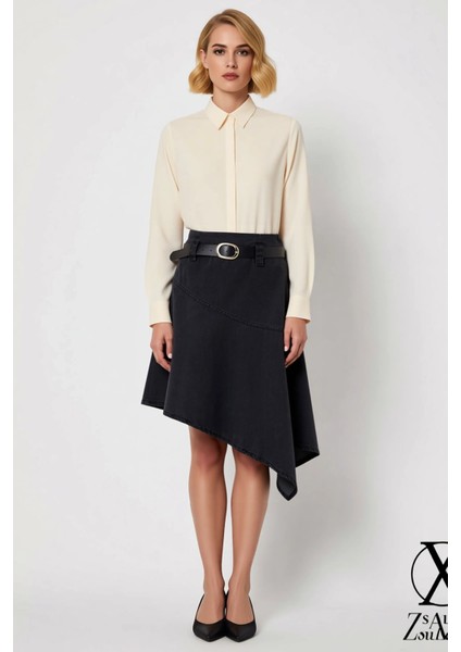 Kadın Asimetrik Midi Denim Etek %100 Pamuk Fonksiyonel Dayanıklı Kaliteli Konforlu Estetik fırsatları