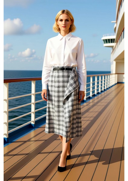 Kadın Ekose Desenli Kalem Midi Etek Deri Detaylı Fonksiyonel Dayanıklı Kaliteli Konforlu Şık