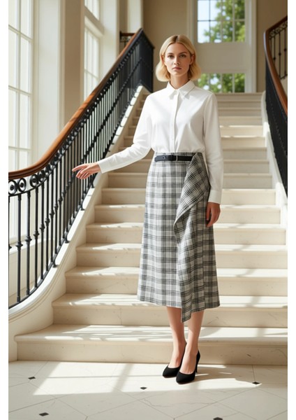 Kadın Ekose Desenli Kalem Midi Etek Deri Detaylı Fonksiyonel Dayanıklı Kaliteli Konforlu Şık fiyatları