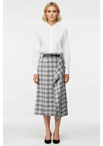 Kadın Ekose Desenli Kalem Midi Etek Deri Detaylı Fonksiyonel Dayanıklı Kaliteli Konforlu Şık modelleri