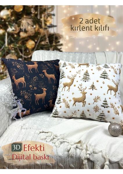 2li Kırlent Kılıfı Seti 43X43 cm Fermuarlı Çift Taraflı Dijital Baskı Yılbaşı Yeni Yıl Noel Konsepti New Year Christmas Fifty Home
