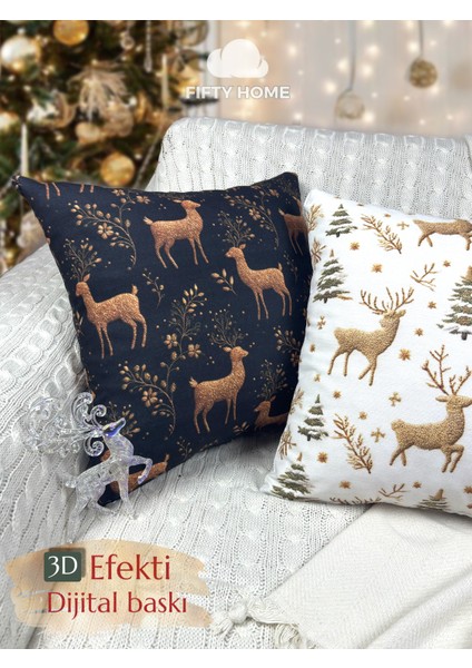 2li Kırlent Kılıfı Seti 43X43 cm Fermuarlı Çift Taraflı Dijital Baskı Yılbaşı Yeni Yıl Noel Konsepti New Year Christmas Fifty Home modelleri