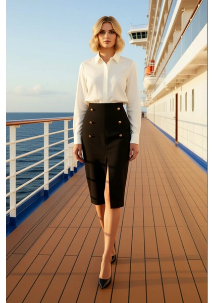 Kadın Kalem Yırtmaçlı Düğmeli Normal Bel Midi Etek Fonksiyonel Dayanıklı Kaliteli Konforlu