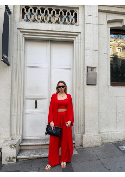 Kadın Viskon 3’lü Takım – Kimono + Beli Lastikli Salaş Pantolon + Crop – 8 Renk fırsatları