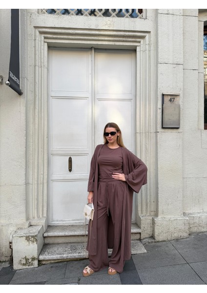 Kadın Viskon 3’lü Takım – Kimono + Beli Lastikli Salaş Pantolon + Kısa Kol (Tshirt) – 8 Renk