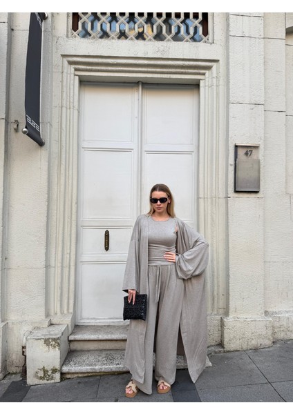 Kadın Viskon 3’lü Takım – Kimono + Beli Lastikli Salaş Pantolon + Sıfır Kol (Kolsuz) – 8 Renk