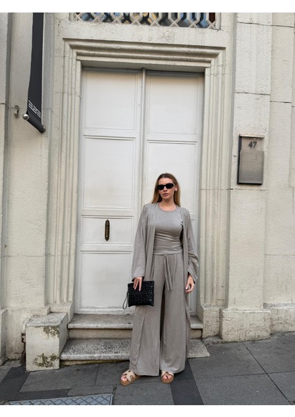 Kadın Viskon 3’lü Takım – Kimono + Beli Lastikli Salaş Pantolon + Sıfır Kol (Kolsuz) – 8 Renk indirimleri