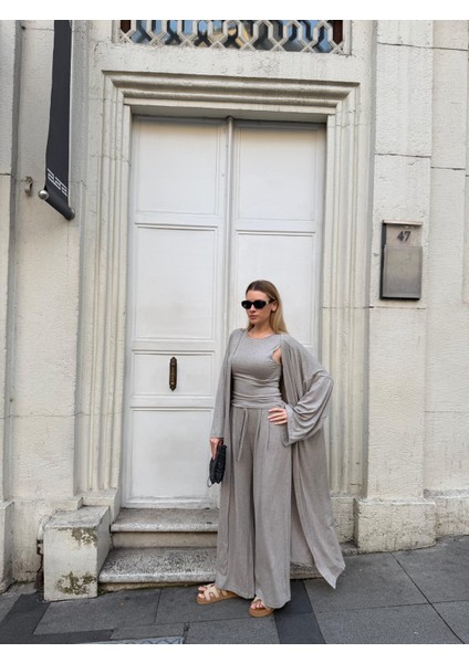 Kadın Viskon 3’lü Takım – Kimono + Beli Lastikli Salaş Pantolon + Sıfır Kol (Kolsuz) – 8 Renk