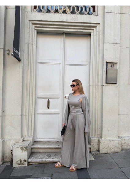 Kadın Viskon 3’lü Takım – Kimono + Beli Lastikli Salaş Pantolon + Sıfır Kol (Kolsuz) – 8 Renk