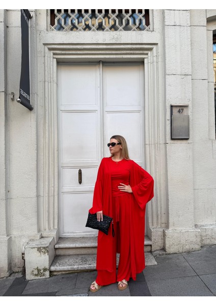 Kadın Viskon 3’lü Takım – Kimono + Beli Lastikli Salaş Pantolon + Kısa Kol (Tshirt) – 8 Renk