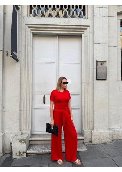 Kadın Viskon 3’lü Takım – Kimono + Beli Lastikli Salaş Pantolon + Kısa Kol (Tshirt) – 8 Renk