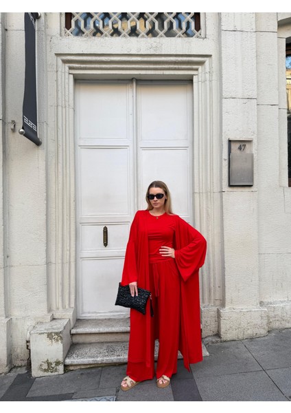 Kadın Viskon 3’lü Takım – Kimono + Beli Lastikli Salaş Pantolon + Kısa Kol (Tshirt) – 8 Renk