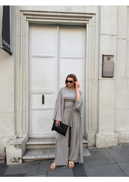 Kadın Viskon 3’lü Takım – Kimono + Beli Lastikli Salaş Pantolon + Kısa Kol (Tshirt) – 8 Renk