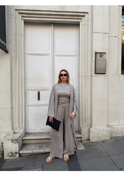 Kadın Viskon 3’lü Takım – Kimono + Beli Lastikli Salaş Pantolon + Kısa Kol (Tshirt) – 8 Renk